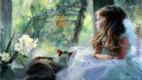 Girl Cat Vase with Flowers by Vladimir Volegov